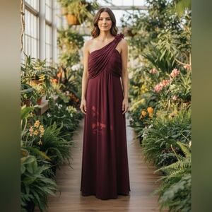 Bill Levkoff One-Shoulder Burgundy Gown with Rosette Shoulder Size 18